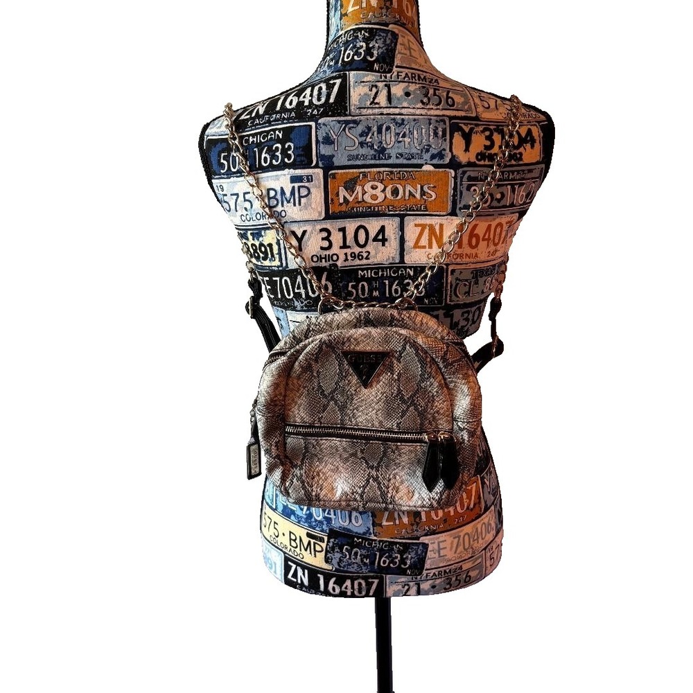 Guess Backpack Purse Grey Snakeskin design Small Chain straps